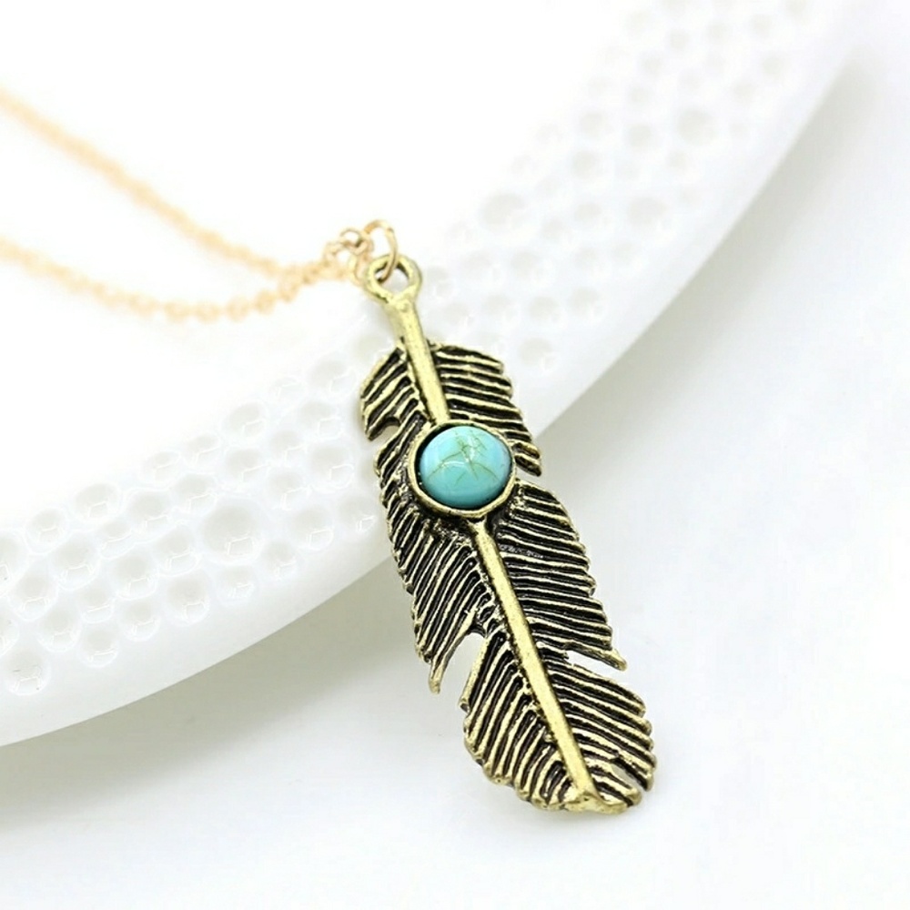 Bronze Jeweled Feather Necklace (Blue)
